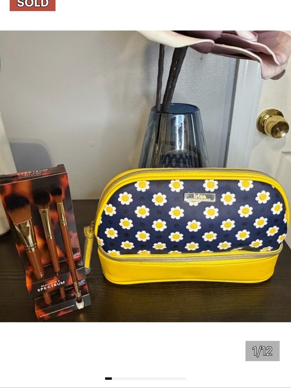 Trina Turk Daisy Print Cosmetic Bag Double Zip Pouch with 3pc Makeup Brush Set